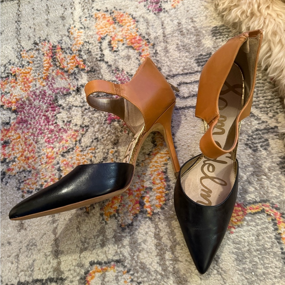 Sam Edelman Black and Tan Heels with Pointed Toe and Thin Stiletto